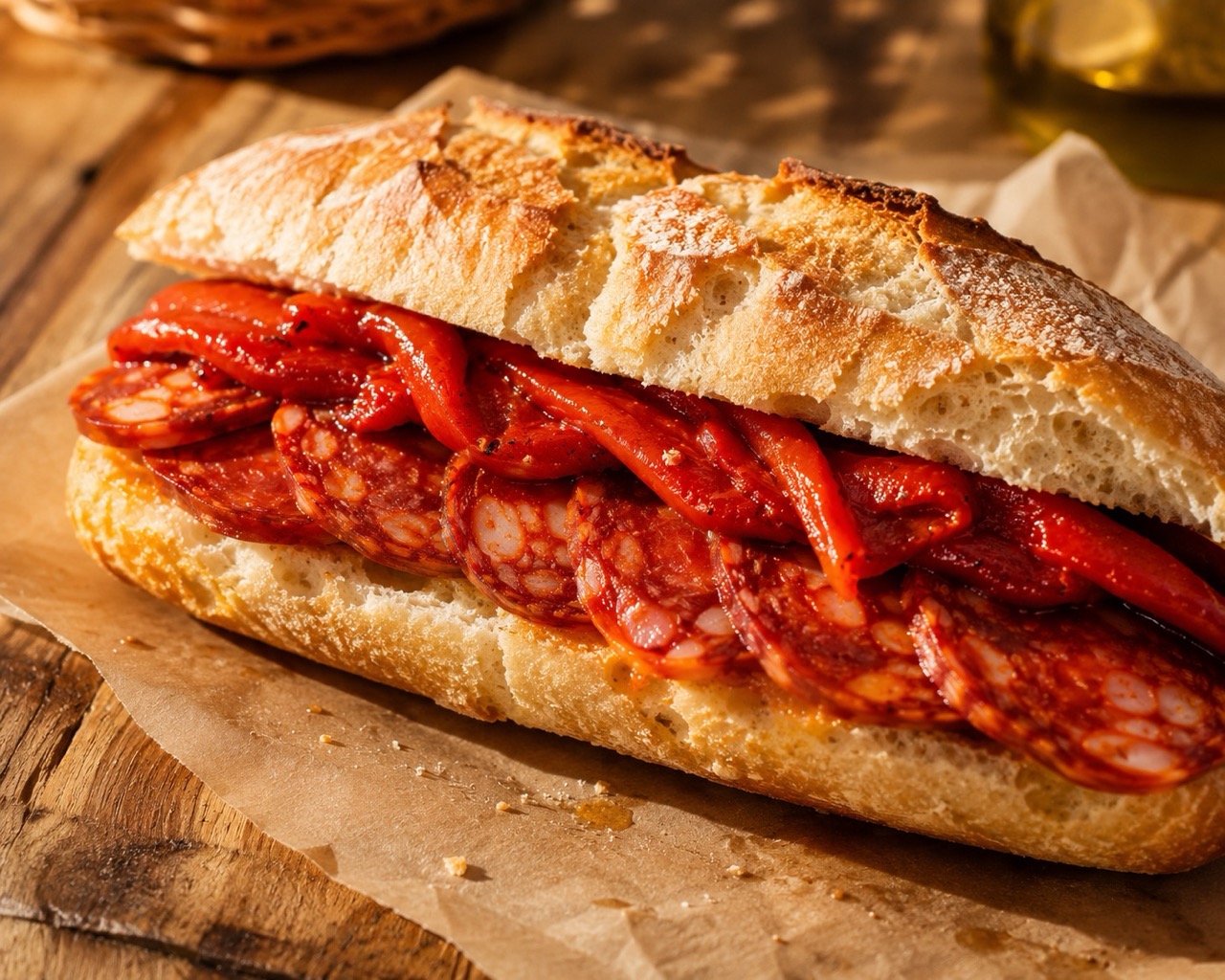 Bocadillo de chorizo con pimientos asados