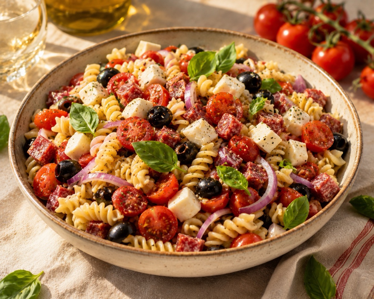 Ensalada de pasta con salchichón y tomate cherry