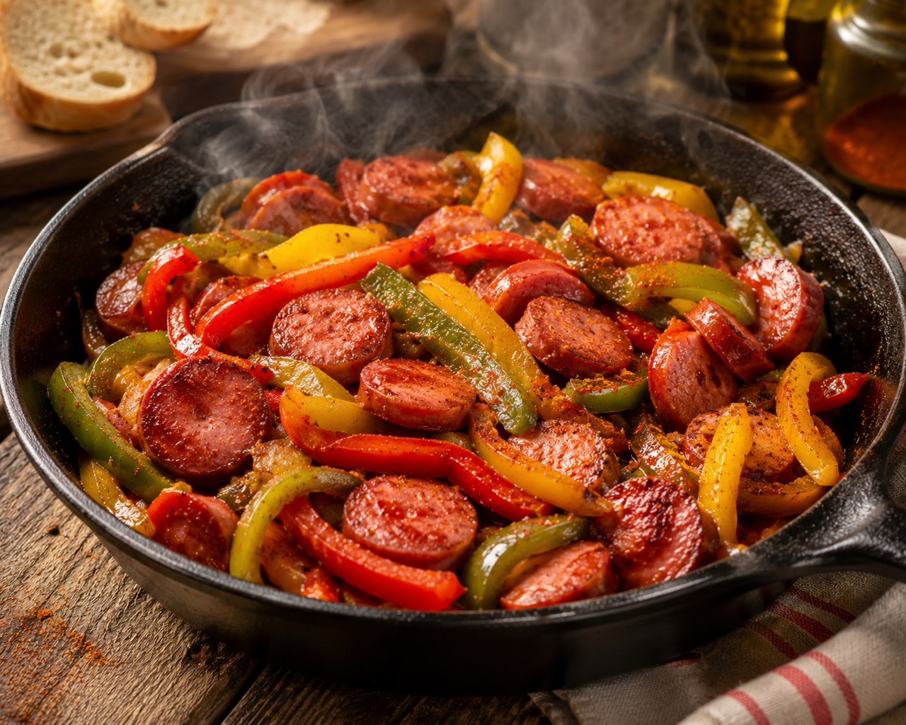 Salteado de frankfurt con pimientos de colores