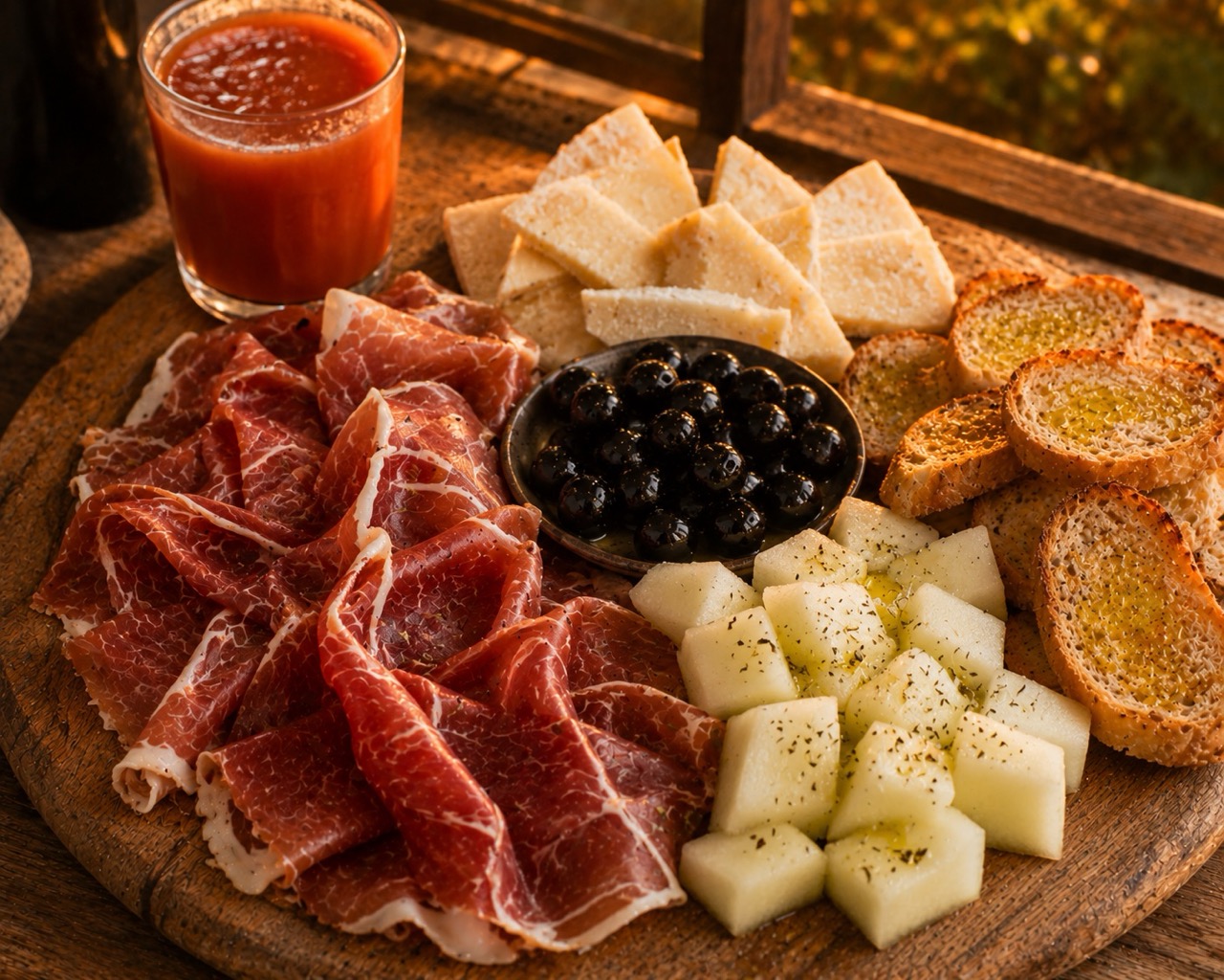 Tabla fría de serrano con pan tostado y aceite